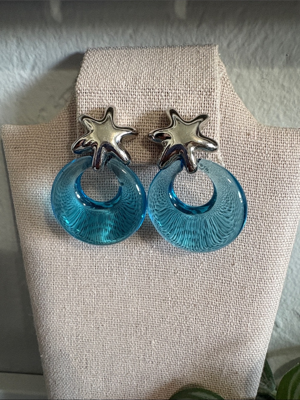 Silver Star Blue Glass Hoop Drop Earrings